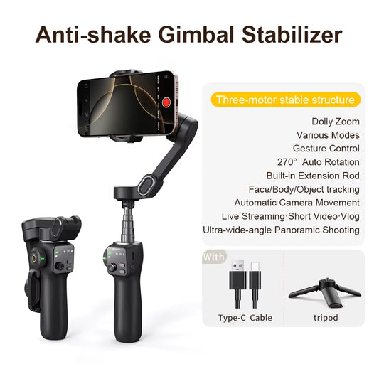 3-Axis Handheld Gimbal Phone Stabilizer with Extension Rod 8.0 anti Shake Face Tracking for Phone Outdoor Shooting Vlog